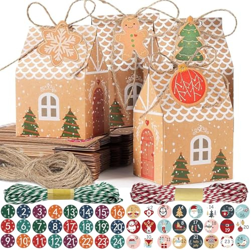 50Pcs Weihnachten Geschenkbox, BetterJonny Weihnachten Süßigkeitskästen Kraftpapier Geschenkschachteln Weihnachtsbox Süßigkeitenkarton mit Hanfseil Geschenkanhänger für Weihnachte Party