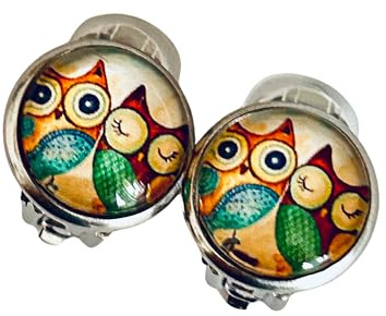 Eulen Ohrclips Eulenpaar grün braun weiß Comic Cabochon Kinder mit Polster Edelstahl 8 mm oder 12 mm (8 mm Motiv)
