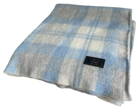 Plaid da Letto in Lana Mohair Lana, Coperta Scozzese (Celeste, Matrimoniale)