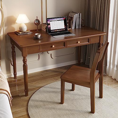 Scrivania in legno massello per casa e ufficio con 2 cassetti, 100% materiale di quercia, design moderno, tavolo da lavoro semplice per computer da 100 cm, finitura noce