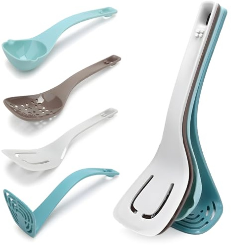 Avilia Set 4 Mestoli da Cucina in PVC - Composto da Spatola, Mestolo, Cucchiaio Forato e Schiacciapatate - Resistenti Fino a 220°C - Manici Ergonomici Antiscivolo - Facili da Pulire e da Riporre