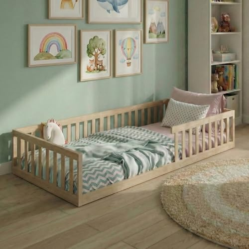 Kids Collective Kinderbett Bodenbett 90x200 cm mit Rausfallschutz & Lattenrost Bett Gitterbett Kinder Jugendbett Einzelbett, Natur weitere Größen | 120x200 | 140x200 cm von 4. bis 18. Lebensjahr