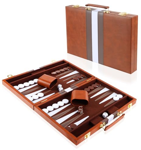 Set de Backgammon pour 2 Joueurs, Valise de Backgammon 15 Pouces avec Accessoires complets, Set de Jeu de Voyage Portable Back-Gammon Voyage pour Adultes (Marron)