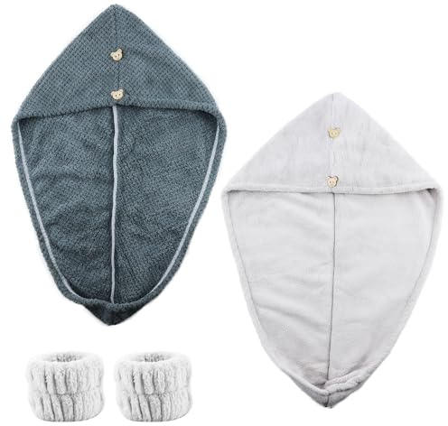 2 toallas de microfibra para pelo largo y rizado, turbante para el cabello, toalla turbante con botones para secado rápido, superabsorbente, antiencrespamiento, toalla turbante para mujer, color gris