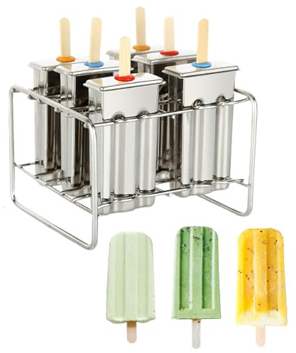 Moldes para paletas de acero inoxidable, juego de 6 helados, moldes para paletas de hielo con soporte, moldes de metal reutilizables para paletas caseras con 50 palitos (plata 6)