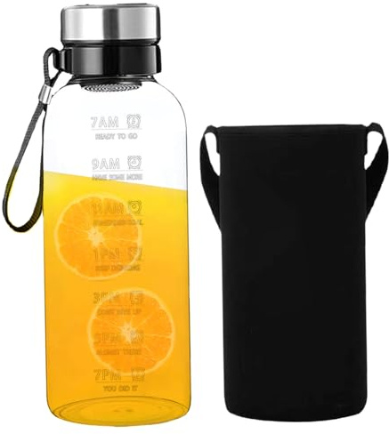 Botella de agua con marcador de tiempo, 2 l, de vidrio de borosilicato transparente, con cordón, funda y filtro extraíble, a prueba de fugas, apta para lavavajillas, ideal para el hogar, la ofici