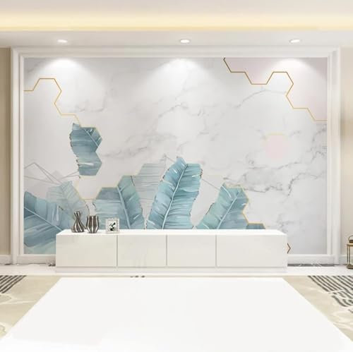 XLMING Marbre Géométrique Simple Bleu À Feuilles De Bananier Papier Peint 3D Intissé Bureau Salle à Manger Canapé Chambre Salon TV Mural Décoratif-200cm×140cm