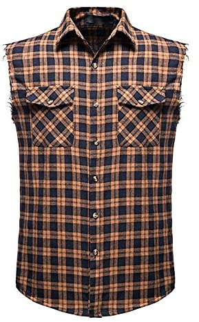 Rutig skjorta ärmlös t-shirt vardaglig flanell button-down-skjortor normal passform ärmlös väst arbetsskjortor toppar för fickor vintage lös passform cowboy väst, Brun, M