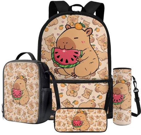 Dngkaoje 4 in 1 animals capybara backpack set for girls age 6-8,cute capybara print school bag with Insulated Lunchbox Pencil Case Water Bottle Holder kids Bookbags Lightweight Elementary Rucksack