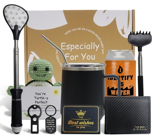 JISHSHAY 10 PCS Birthday Gifts for Men Dad Birthday Gifts Presents for Men, Coffee Mug Wallet Back Scratcher Positive Turtle Greeting Cards Seat Belt Clip Bottle Opener Keychain Can Cooler - Black