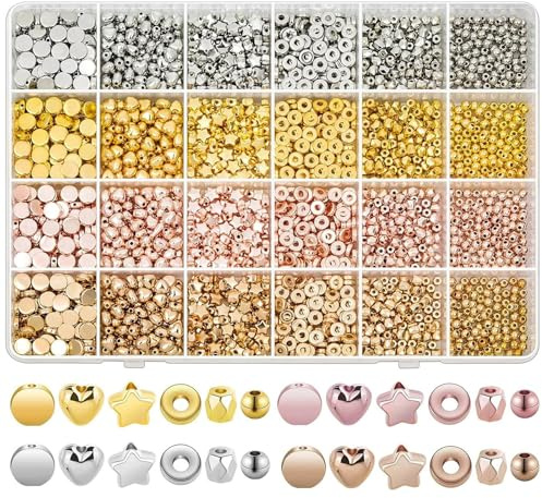 Satiskid 2160 stycken metall avståndspärlor, silver guld roséguld KC-guld metallpärlor avståndshållare pärlor lösa pärlor avståndspärlor att trä på för gör-det-själv smycken armband halsband