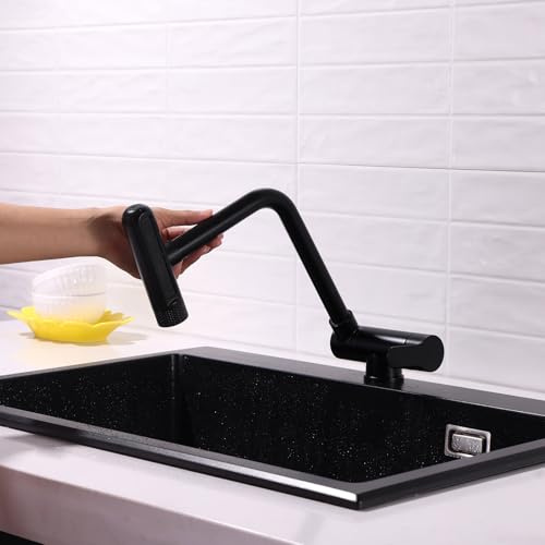 XJTNLB Grifo Cocina Abatible Bajo Ventana Negro Plegable 180° Grifo Cocina Monomando Fregadero Acero Inoxidable 6 Modos
