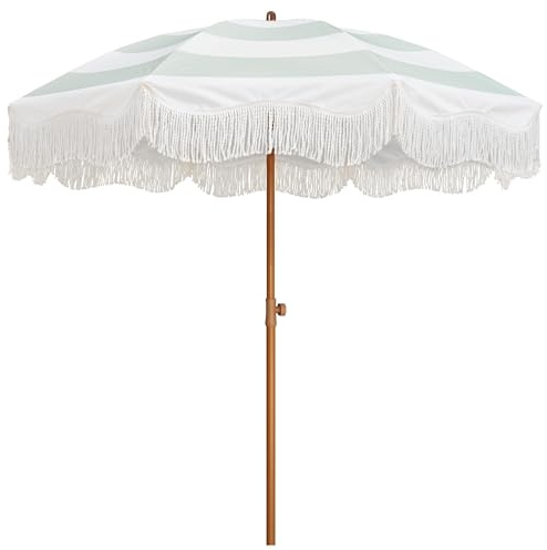 TroHollis Fringed Parasol Umbrella Boho Fringe Umbrella Outdoor Patio, 6.5ft UPF50+ Picnic With Tassels Steel Pole And Push Button Tilt(Vintage Green Stripe)