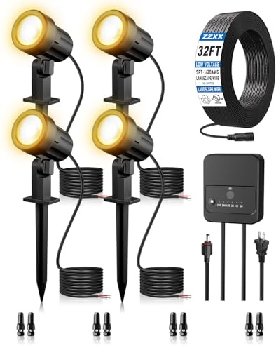ZZXX All-in-One Low Voltage Landscape Lighting Kit, 4-Pack LED Landscape Lights with Transformer 32FT Wire and Connectors, 2700K Waterproof Landscape Spot Lights for Garden Yard House Tree