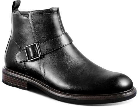 FUNROMAN Men's Motorcycle Style Ankle Boots, Black Faux Leather Dress Boots with Side Zipper and Buckle Strap M01 Black 10