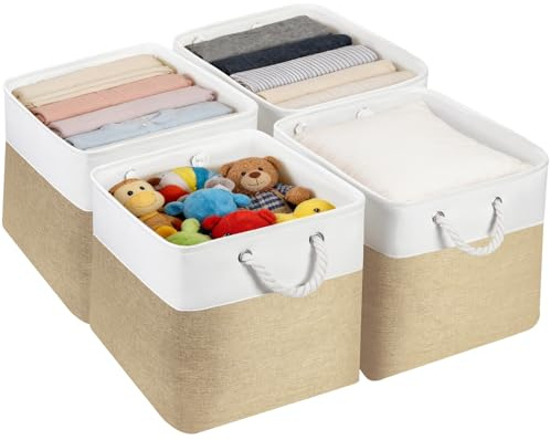 JUNLAI 4 Pack Fabric Storage Boxes, Kallax Storage Boxes 33 x 38 x 33 with Handles, Foldable Large Storage Basket for Office & Home, Book, Clothes, Toys(Khaki-White)