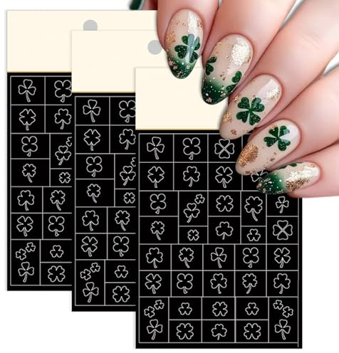 3 Sheets Clover Nail Art Stickers Airbrush Stencils Nail Stickers for Nail Art Self-Adhesive St. Patrick's Day Nail Decals Stencils Tool for Women Girls Nail Art Accessories