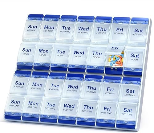 7 Day Pill Organizer – 4 Times a Day Push Button Pill Box with Large Compartments, Easy Open for Seniors & Arthritis, Compact, Spill-Proof, Perfect for Home & Travel