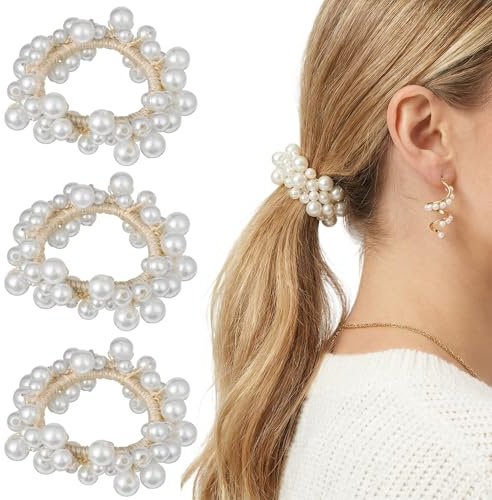 3 Pcs Pearl Hair Scrunchies Beaded Hair Ties Elastic Hairbands Decorative Ponytail Holder Crystal Stretchy Hairs Accessories for Women and Girls Ropes Boho Bride Bachelorette Party