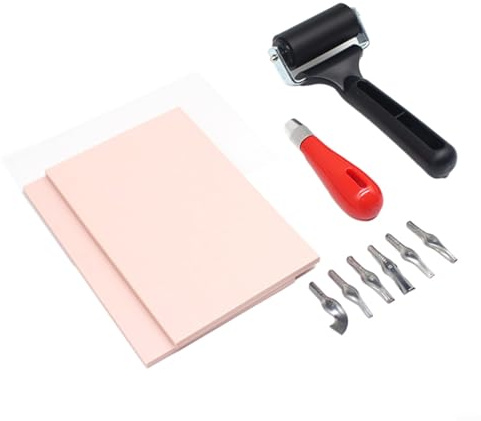 Kit per la creazione di timbri in gomma con taglierina per linoleum a 6 lame, rullo con telaio in acciaio e blocchi di intaglio rosa, per stampa fai da te, incisione, artigianato artistico