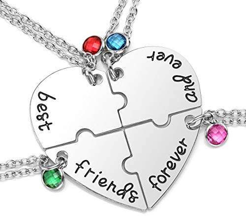 JSDDE 4er Partner Halsketten Set BFF Anhänger mit Gravur Best Friends Forever and Ever Herz Puzzle Anhänger Freundschaftsketten Geschenk für Schwester Freunde (Silber)