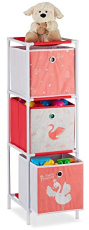 Relaxdays Kinderregal mit 3 Boxen, Spielzeug, Mädchen, Schwan-Design, Regal Kinderzimmer, HBT 89 x 27,5 x 30 cm,weiß/rot