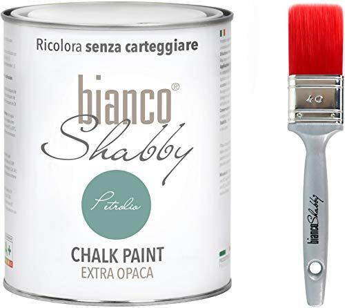 bianco Shabby Pintura a la Tiza para Todas las Superficies - 1 L Chalk Paint Petrolio + Brocha 40mm para Muebles de Madera - Interior & Exterior