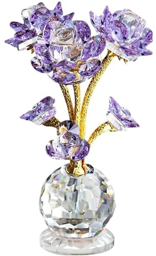 QFkris Purple Crystal Rose Flower Figurine Collectible Statue 6 Glass Flowers with Stems Ornament Home Decor for Valentines Day Thanksgiving,Christmas,Wedding,Mothers Day,Centerpiece,Gift for Women