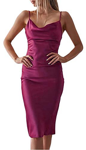 HAHAEMMA Ropa casual para mujer, sin mangas, tirantes delgados, vestido de satén, cóctel, playa, fiesta de noche, cuello de cowl, lunares, leopardo, midi, Fucsia ranurada, XL