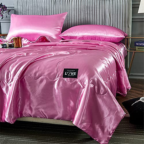 Surwin Luxury Quilted Bedspread, Silky Washed Silk Fabric Coverlets Quilt, Plain Single Double King Size Lightweight Easy Care Throws Blanket Patchwork Bed Sheet (Pink,200x230cm)