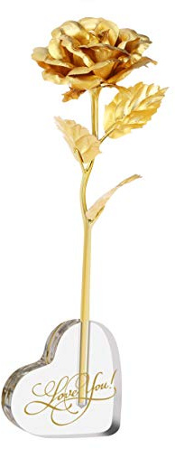 Uonlytech Rose Artificielle en Feuille d'or carats avec Base en Forme de cœur - Cadeau pour Femme, Anniversaire, Mariage, Saint-Valentin, fête des mères, Anniversaire de Mariage