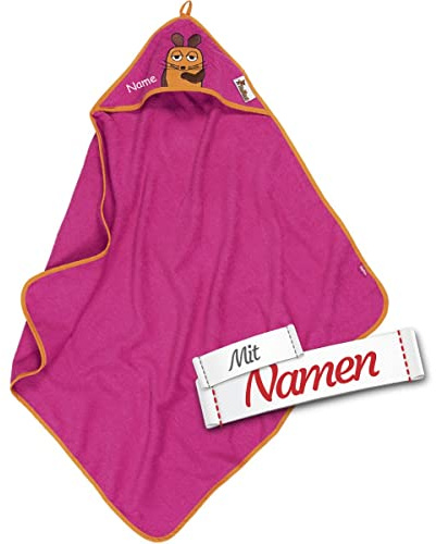 LALALO Playshoes Kapuzenhandtuch DIE Maus Maus, Bestickt mit Name auf der Kapuze - Mädchen Baby-Duschtuch, 75x75 cm, Badetuch pink - Geschenk zur Geburt, Taufe, Kita-Start