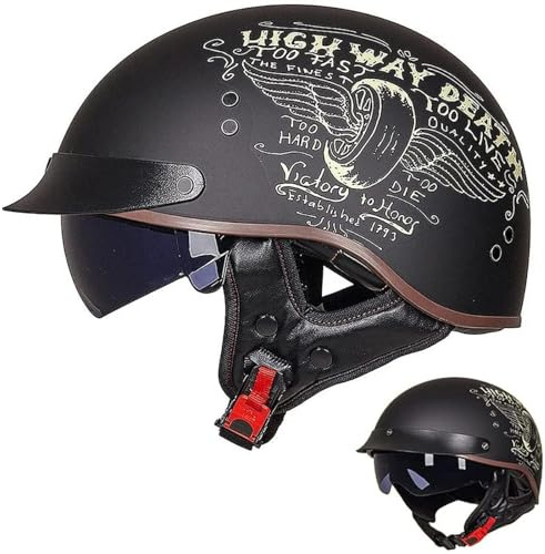 Casque Bol Brain-Cap Homologué ECE Demi-Coque Moto Vintage Visière Intégrée Cruiser Chopper Scooter Cyclomoteur