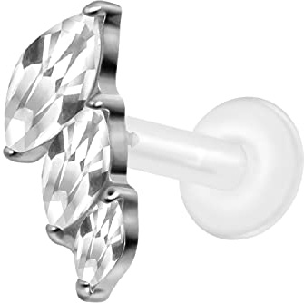 PIERCINGLINE PTFE Labret mit Gewinde Titan Aufsatz 3 EINGEFASSTE KRISTALLTROPFEN Piercing Lippe Nase Ohr Helix Tragus Medusa Silberfarben 1,2 x 8 mm