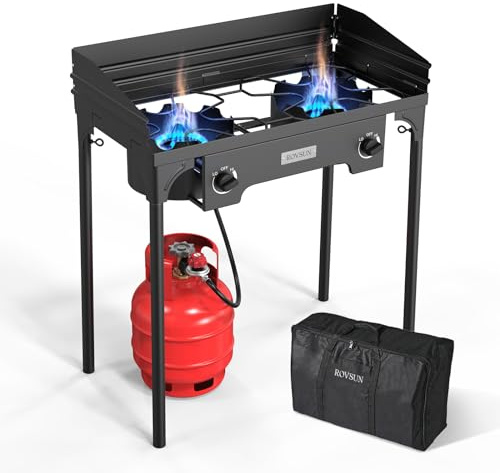ROVSUN 2 Burner Outdoor Propane Gas Stove with Regulator, Windpanel & Carrying Bag, 150,000 BTU Powerful Stand Cooker for Backyard Cooking Camping Home Brewing Canning Turkey Frying