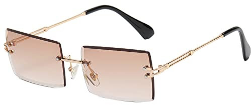 Ggpyyon Rechteck Randlose Sonnenbrille für Damen Herren,Rahmenlose Sonnenbrille Retro Durchsichtige Linse für Frauen Männer UV400-Schutz(Gold/Farbverlauf Braun)