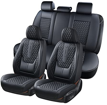 Coverado Car Seat Covers Full Set, Black Seat Covers for Car with Lumbar Support, Nappa Leather Seat Covers Waterproof Car Seat Protectors Universal Fit for Most Cars SUV Trucks