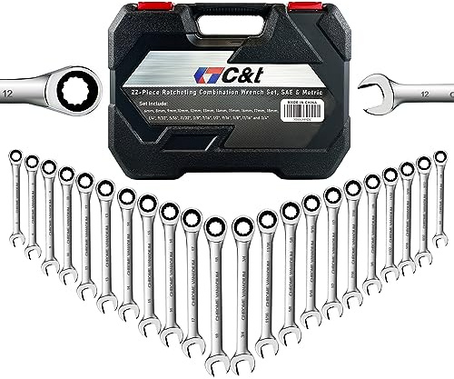 C&T Juego de llaves combinadas de trinquete de 22 piezas, SAE y métricas, 72 dientes, acero CR-V, 1/4-3/4 y 6-18 mm, juego de llaves de trinquete con caja organizadora