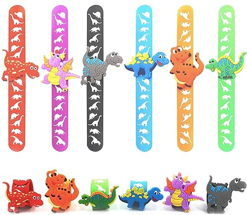 6 braccialetti a scatto con dinosauri per bambini, in silicone, per feste di compleanno