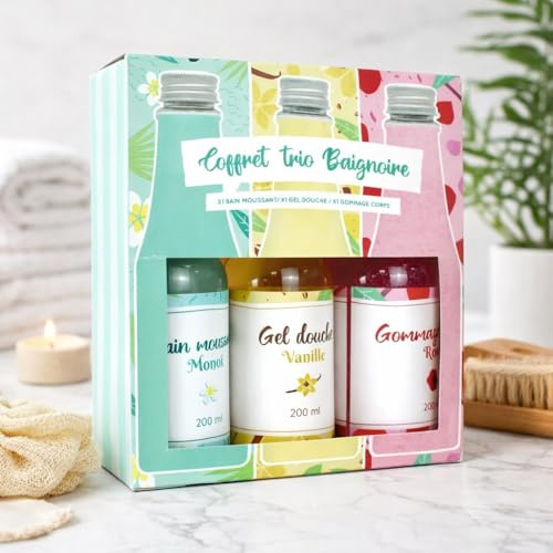 Coffret Douche 200ml - Gel Douche Vanille, Bain Moussant Monoi, Gommage Corps Rose - Cadeau pour Femme, Routine Hygiène - Moment Relaxant, Soin Corps Parfumé - Coffret Soin du Corps Femme