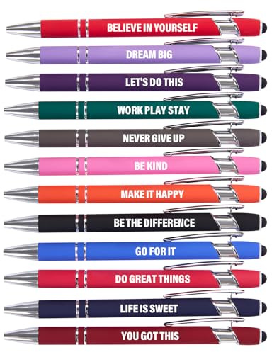 Actsun Funny Pens - 12 Pack Fine Point Smooth Writing Pens with Inspirational Tips, Black Ink, Touch Stylus Screens, Motivational Gift for Office & Desk Accessories