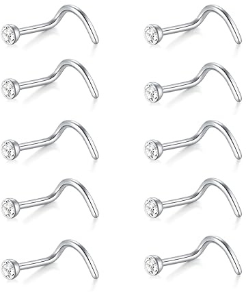 Decentraland 10 Stück Weiß-Weiß (S-förmiger Nasenring) Nasenstecker aus Chirurgenstahl/Titan für Damen-Nasenloch-Piercing-Schmuck, 20 g