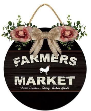 Geroclonup Farmers Market Haustürschild, lustige Kränze, hängende Holzschild, Dekoration, rund, rustikales Holz, Bauernhaus-Veranda-Dekoration für Zuhause, Haustür-Dekoration, 27,9 x 27,9 cm