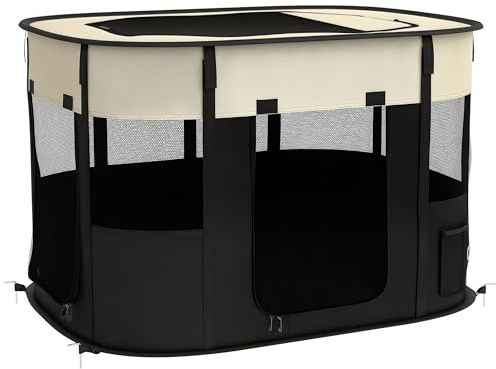 PawHut Parc pour Chien en Tissu Oxford, Parc Chiot, enclos extérieur pour Animaux, avec Poches de Rangement, enclos Pliable pour Chiens Chiots, 94 x 74 x 60 cm, Blanc crème et Noir
