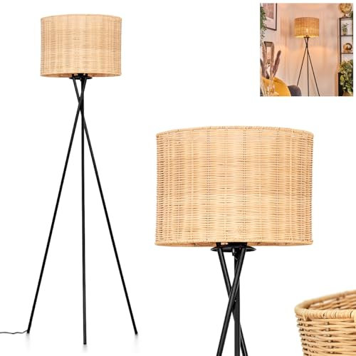Stehleuchte Cavaca, Stehlampe aus Metall/Rattan in Schwarz/Natur, Leuchte im modernen Design mit rundem Schirm (Ø 40 cm) u. Fußschalter, Höhe 156 cm, 1 x E27, ohne Leuchtmittel