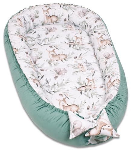 PaLulli Kuschelnest 2-seitig Babynest Babynestchen Baby Nest Nestchen Reisebett Wickelauflage Kuschelbett, Kokon Kokon für Babybett - Babys und Säuglinge, 100% Baumwolle Oeko TEX (Grüne Hirsche)