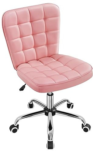 Yaheetech Armless Desk Task Chair Mid-back Office Chair Faux Leather Computer Chair with Adjustable Seat Height, Metal Base and Rolling Wheels for Home/Office Pink