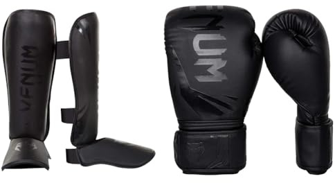Venum Unisex Schienbeinschutz Challenger Schienbeinshoner, Schwarz/Matt, M & Unisex Challenger 3.0 Boxhandschuhe, Black/Black, 12 Oz EU
