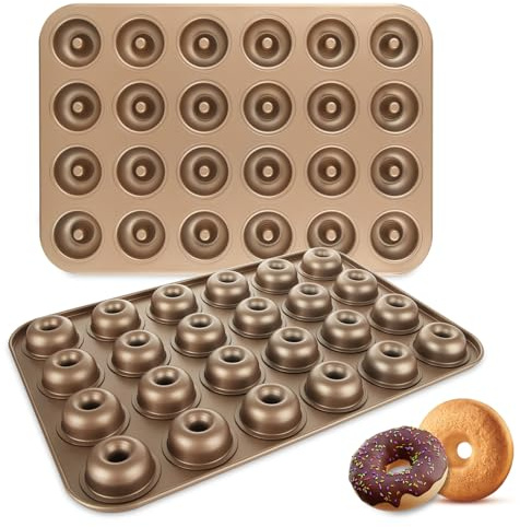 LDHHYH 2 Pack 24-Cavity Mini Donut Pan, Nonstick Small Donut Tray Doughnut Bakeware, Carbon Steel Mini Donut Cake Pans for Baking - Gold