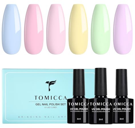 TOMICCA Gel Nail Polish Set, 6 Colors Creamy Macaron Candy Spring Summer UV Polish, Soak Off UV/LED Gel Varnish Blue Pink Purple Yellow Green, for DIY Home Salon Manicure Nail Art